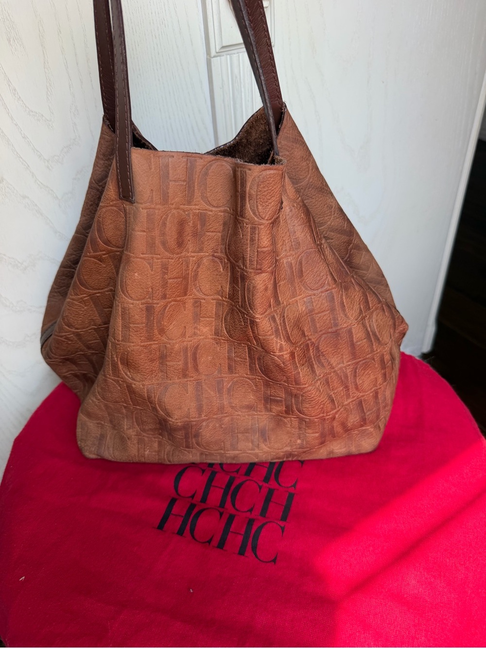 Carolina Herrera Tan Embossed CH Monogram Shoulder Tote Bag - Picture 3 of 14